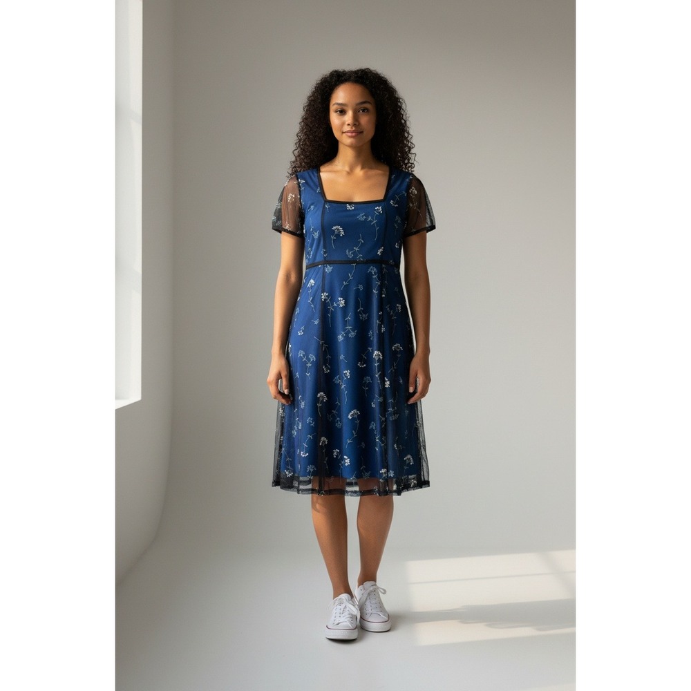 Vintage Breakin Loose Dress Blue Floral Mesh Romance Fairy Y2K‎ Size 3/4 Cottage